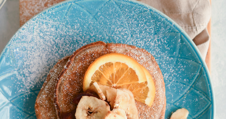 Cinnamon oat and banana pancakes with spiced plums