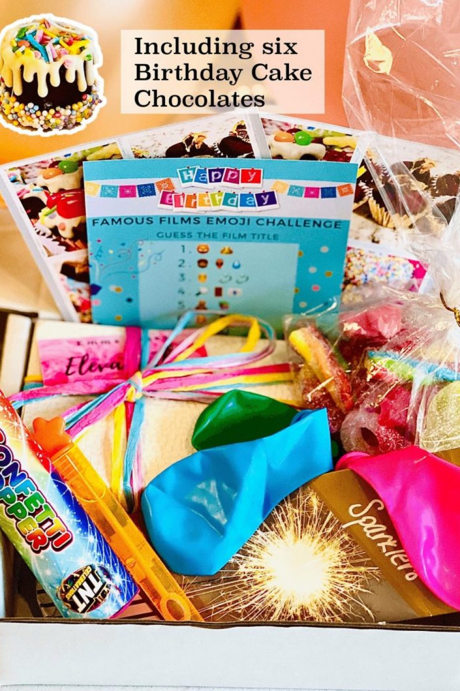 Vegan Birthday Hamper, filled with artisan birthday cake chocolates, vegan sweets, games, balloons, sparklers and bubbles - everything to make their day special