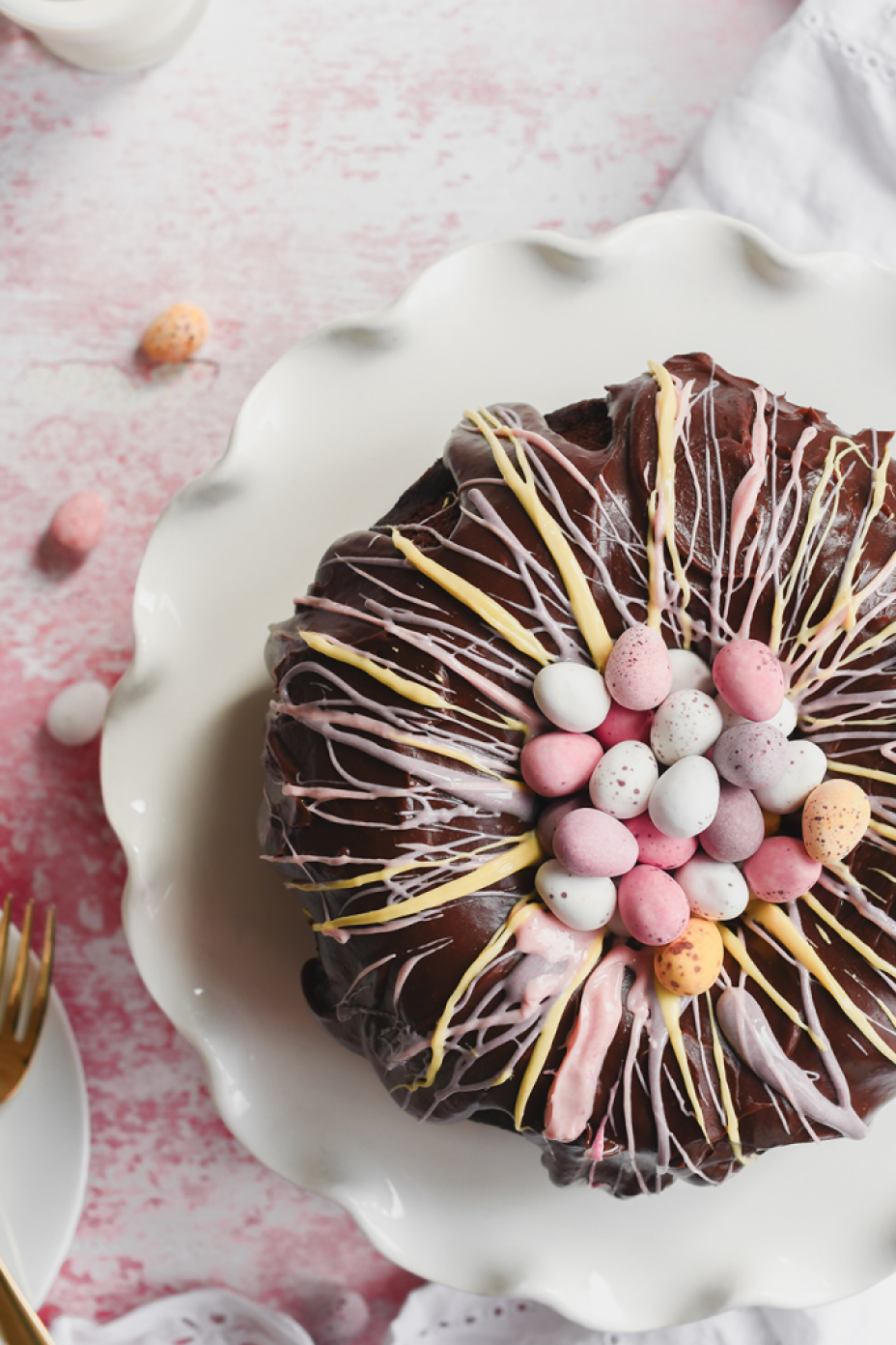 Mini eggs Easter cake. A simple chocolate cake showstopper, topped with luscious chocolate icing and tons of mini eggs
